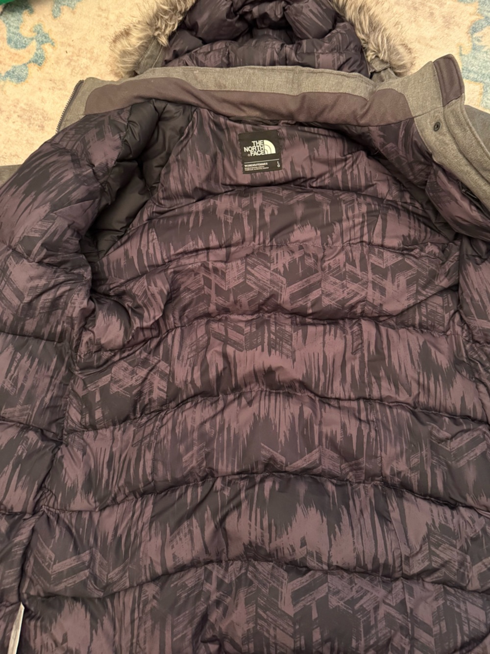 TNF Arctic Down Parka L Gray Herringbone Print Lining F15 - Picture 14 of 15